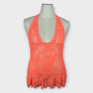 Y2K Victoria’s Secret Mesh Lace Halter Babydoll Orange Lingerie Womens XL